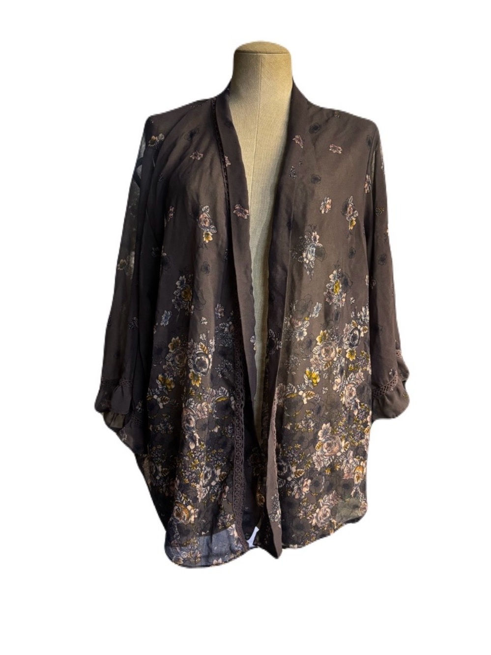 Floral Sheer Open Front Kimono - Dark Brown with Yellow Accents